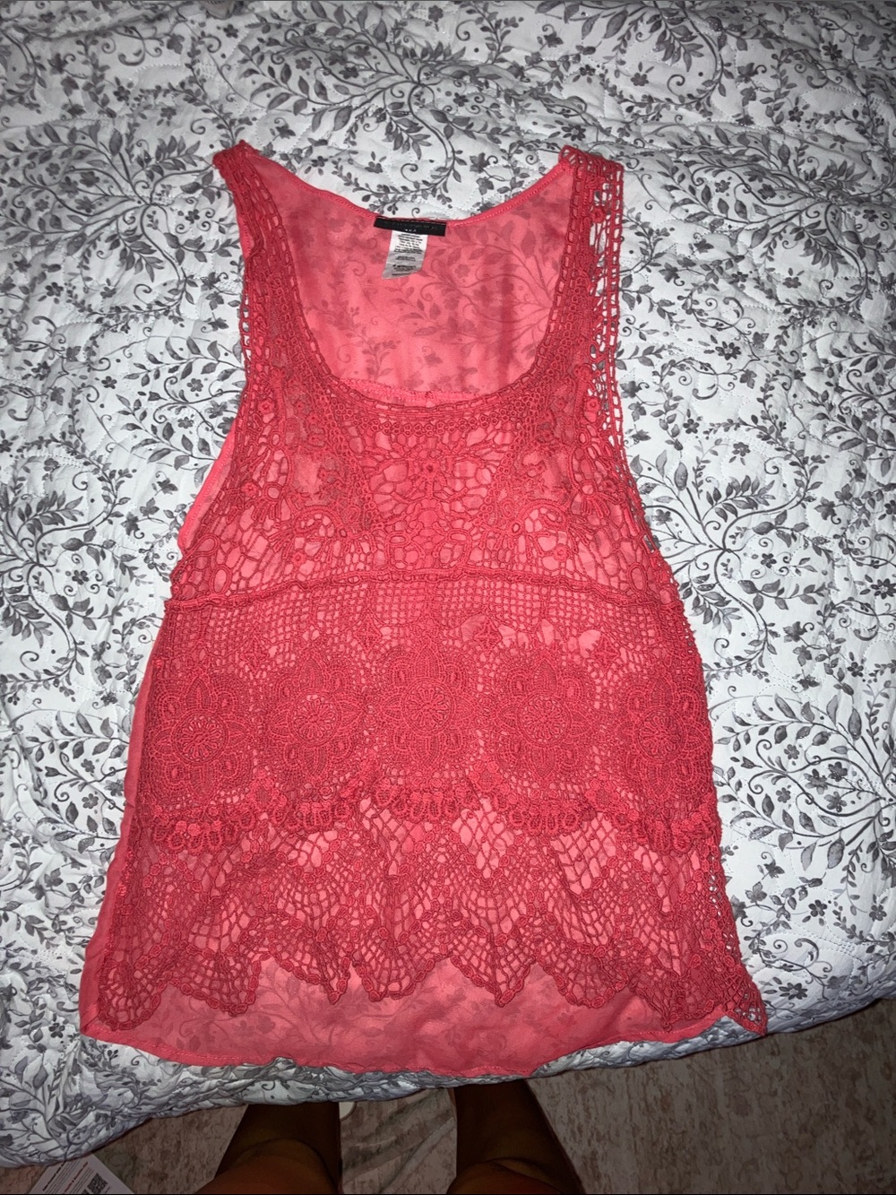 Crochet Overlay Coral Tank Top - Women's Lace Layering Tee